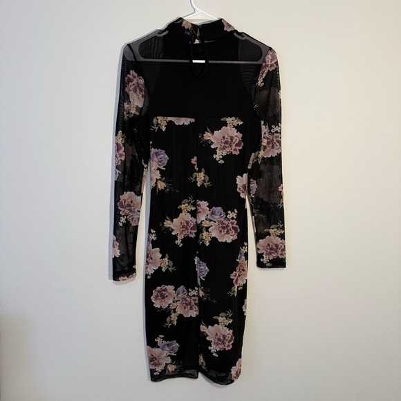 Floral Bodycon Mesh Dress with Long Sleeves and Key Hole Back Black Pink Midi - Picture 4 of 7